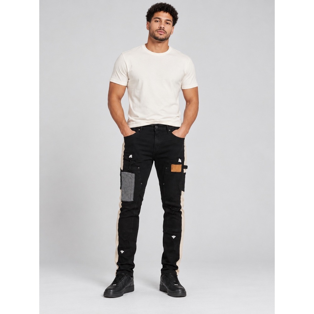 Reason New York Mens 34 Slim Fit Patchwork Distressed Jeans Black Cream Stripe